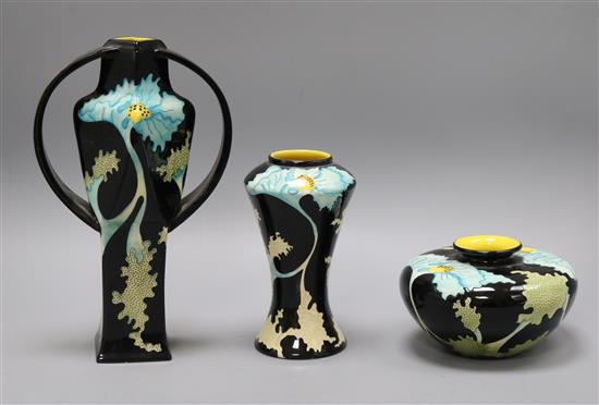 Three Black Rydon vases tallest 26.5cm